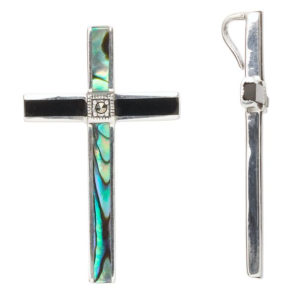 Black onyx / sterling silver / paua shell 1pkg1, cross pendant 39x24mm image number 0