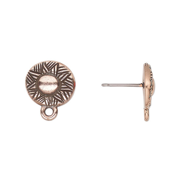 Earstud, TierraCast®, antique copper-plated pewter (tin-based alloy), 12mm woven round with closed loop and titanium post, rhythm theme. Sold per pair. image number 0