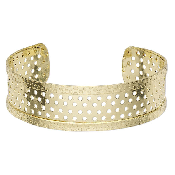 Bracelet, cuff, gold-finished steel, 18-19mm wide with cutout design and 155 holes, adjustable from 7 to 7-1/2 inches. Sold individually. image number 0