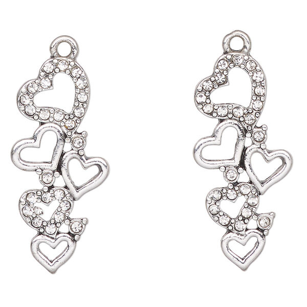 Focal, antique silver-finished "pewter" (zinc-based alloy) and glass, clear, 31x15mm heart. Sold per pkg of 2. image number 0
