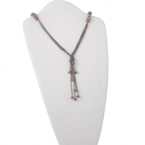 Necklace, glass and steel, black and purple, 8x6mm / 10x8mm / 12x10mm faceted rondelle, 37-inch lariat. Sold individually. image number 0