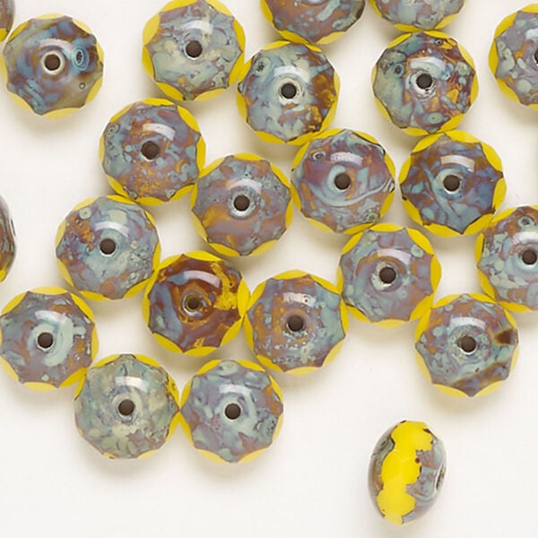 Bead, glass, pkg/30, opaque yellow/blue-grey/brown, 9x6mm faceted rondelle. image number 0
