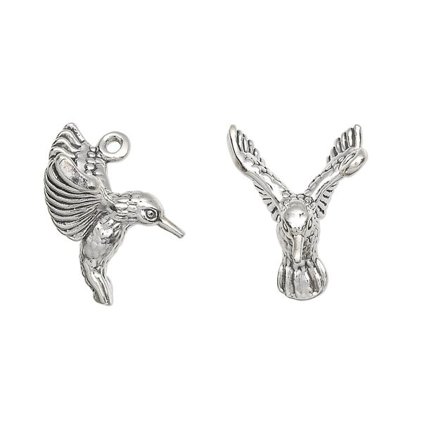 Charm, antiqued sterling silver, 18x16mm 3D hummingbird. Sold individually. image number 0
