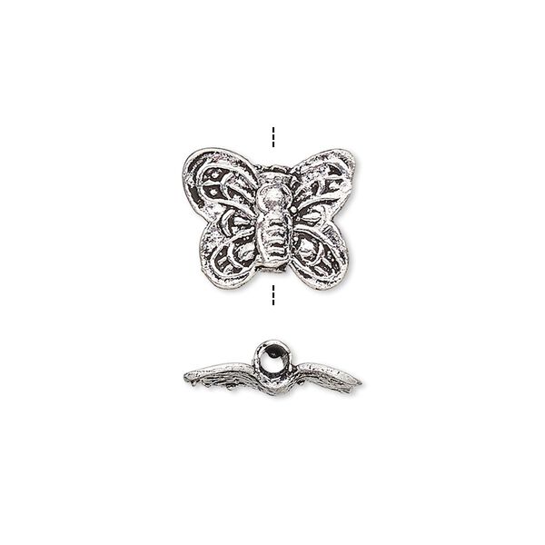 Bead, antiqued silver-finished brass, 14x12mm butterfly with 2mm hole. Sold per pkg of 4. image number 0
