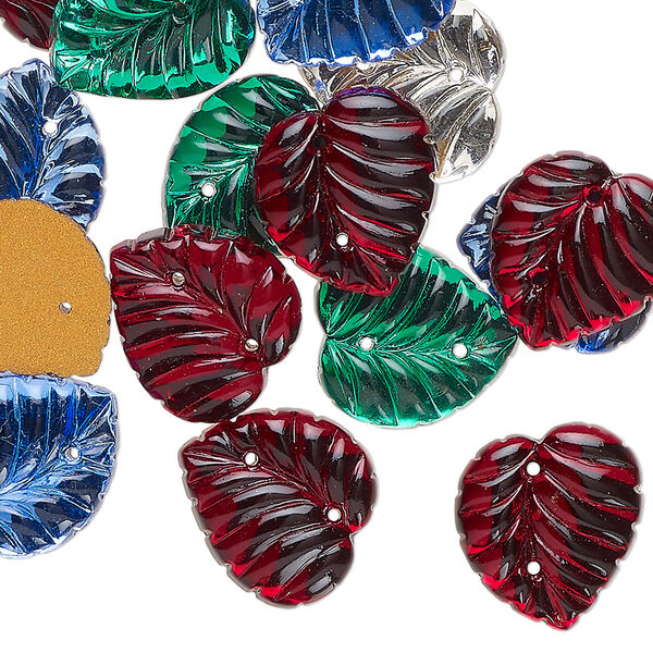 Sew-on mix 24pk mixed colors foil back, vintage Preciosa Czech crystal 14x13mm textured leaf image number 0