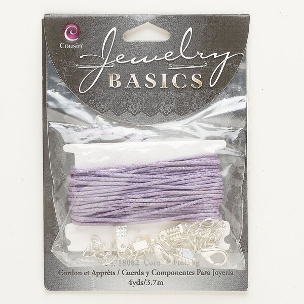 Cord assortment, silver-finished steel and waxed cotton, purple, 4 yards of 1mm round cord with (2) 9x6mm lobster claw clasp and (1) 5mm fold-over crimp. Sold per pkg of 3. image number 0