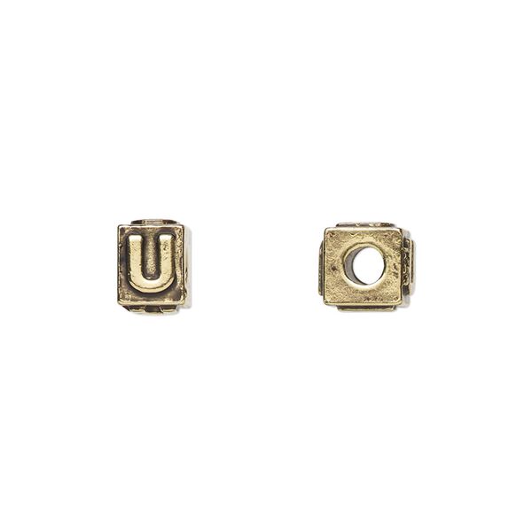 Bead, antique gold-plated pewter (tin-based alloy), 8x6mm rectangle with alphabet letter "U." Sold per pkg of 4. image number 0