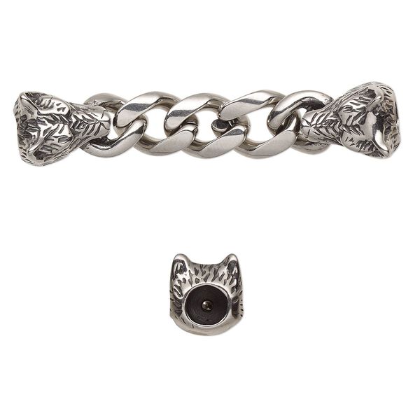 Focal, antiqued stainless steel, 51x9.5mm with 12.5x10mm wolf and 8.6mm curb chain with 2 glue-in cord ends, 4.5mm inside diameter. Sold individually. image number 0