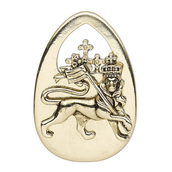 Focal, antique gold-finished "pewter" (zinc-based alloy), 44x30mm single-sided teardrop with lion and crown with scepter. Sold per pkg of 2. image number 0