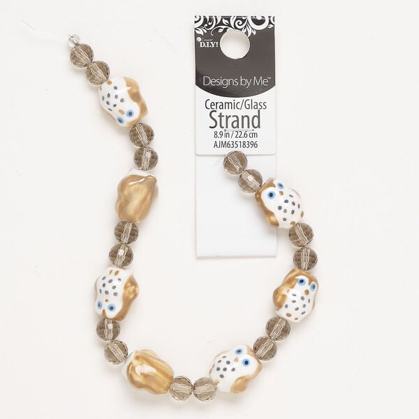 Bead mix, glass, pkg/9, 16x15 inches, multicolored, 16x15mm owl and 8mm faceted round. image number 0
