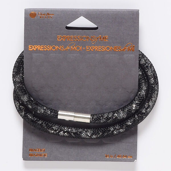 Bracelet, wrap, acrylic / nylon / silver-finished "pewter" (zinc-based alloy), black and silver, 6.5mm wide with mesh, 16 inches with magnetic clasp. Sold individually. image number 0