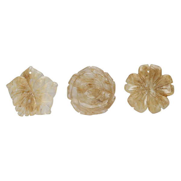 Drop mix, tigerskin glass, translucent, 31x26mm-30x30mm top-drilled carved flower. Sold per pkg of 3. image number 0