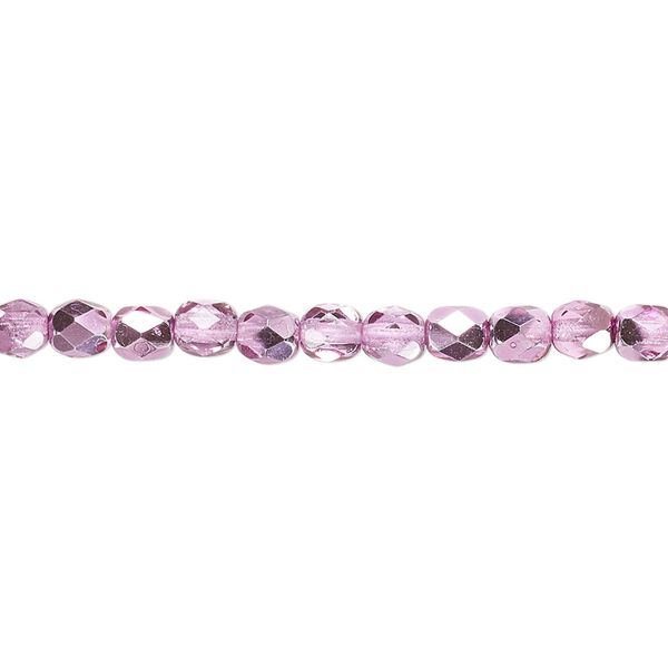 Bead, Czech fire-polished glass, clear with half-coat metallic watermelon, 4mm faceted round. Sold per 15-1/2" to 16" strand. image number 0