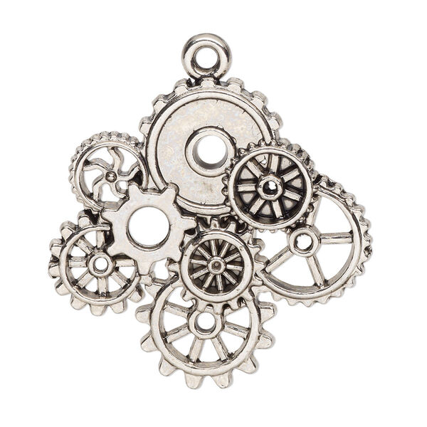 Focal, antique silver-finished "pewter" (zinc-based alloy), 34x33mm single-sided with gears. Sold individually. image number 0