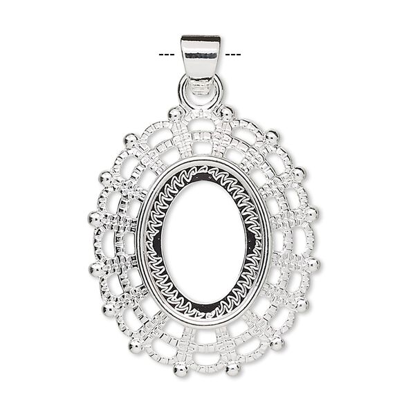 Pendant, silver-plated "pewter" (zinc-based alloy), 28.5x24.5mm fancy oval with 16x12mm oval setting. Sold per pkg of 4. image number 0