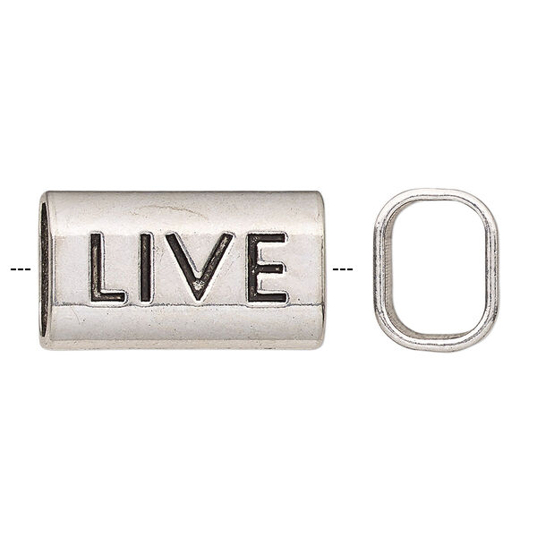 Slide, antique silver-finished "pewter" (zinc-based alloy), 23x13mm single-sided rectangle with "LIVE" and 11x8mm hole. Sold per pkg of 2. image number 0