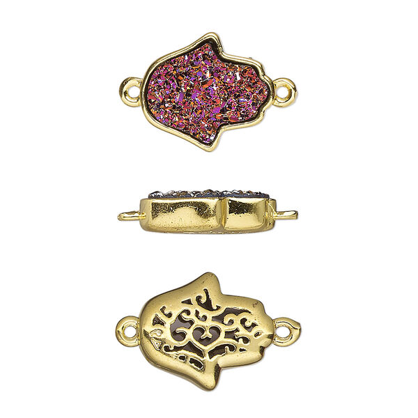 Link, Druzylite™, "druzy" (resin) and gold-finished brass, metallic purple, 14x12.5mm two-sided Hamsa hand with open filigree back. Sold per pkg of 4. image number 0