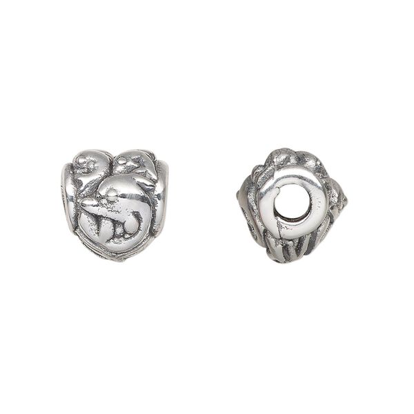 Bead, antiqued fine silver, electroformed, 12x11.5mm puffed heart with dolphin design. Sold individually. image number 0