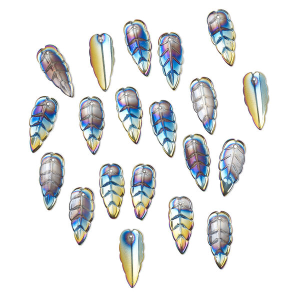 Drop, pressed glass, opaque iris multicolored, 23 x 10mm pressed leaf, top-drilled. Sold per pkg of 20. image number 0
