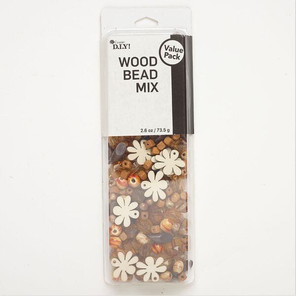 Bead and component mix, wood (natural/coated) and acrylic, pkg/2.6 ounces, tan/brown/amber, 6mm-24x20mm mixed shapes. image number 0
