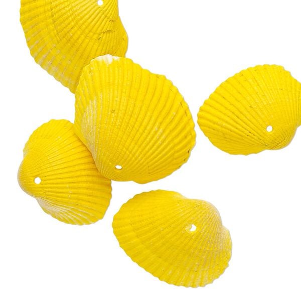 Focal mix, painted vintage Japanese ark shell, yellow, 26x20mm-38x29mm, Mohs hardness 3-1/2. Sold per pkg of 5. image number 0