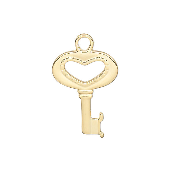 Charm, gold-plated "pewter" (zinc-based alloy), 27x17mm double-sided key. Sold per pkg of 12. image number 0
