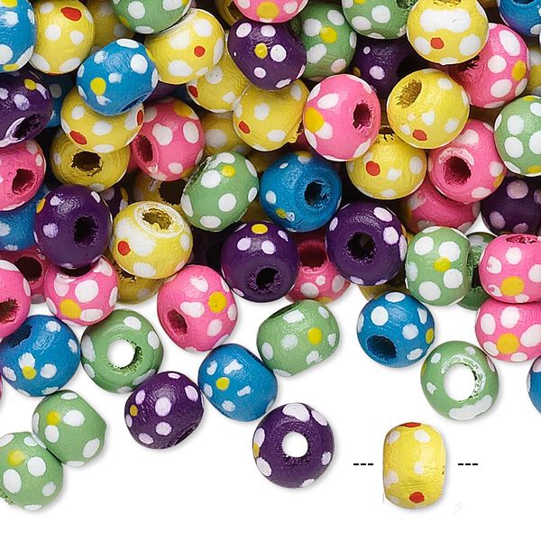 Bead mix, painted wood, mixed colors, 5-6mm irregular round with flower design. Sold per 90-gram pkg, approximately 1,100 beads. image number 0