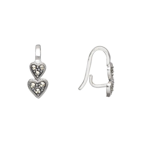 Bail, prong, sterling silver and marcasite, 6 stones, 16x6mm double heart design with 11mm grip length. Sold individually. image number 0