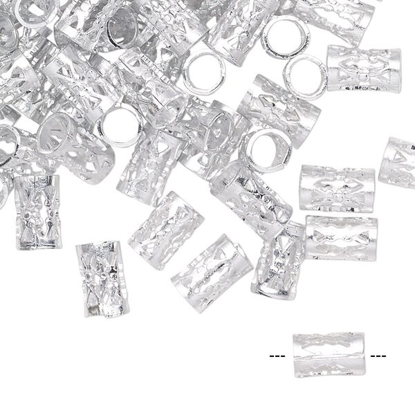 Bead, anodized aluminum, silver, 8x5mm-9x5mm unsoldered filigree round tube with 4mm hole. Sold per pkg of 100. image number 0