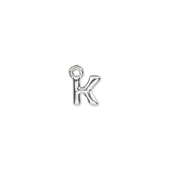 Charm, silver-finished "pewter" (zinc-based alloy), 8x7mm alphabet letter K. Sold per pkg of 2. image number 0