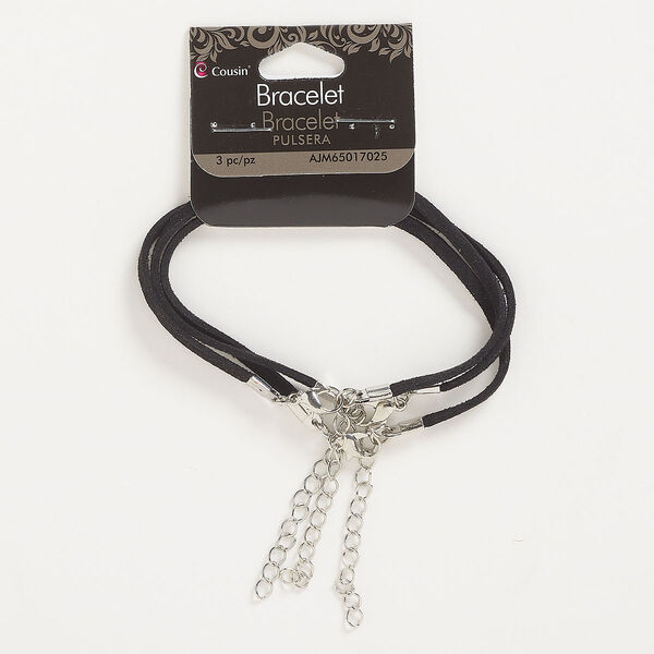 Bracelet, suede / silver-finished "pewter" (zinc-based alloy) / steel, black, 7 inches with lobster claw clasp and 2-inch extender. Sold per pkg of 3. image number 0