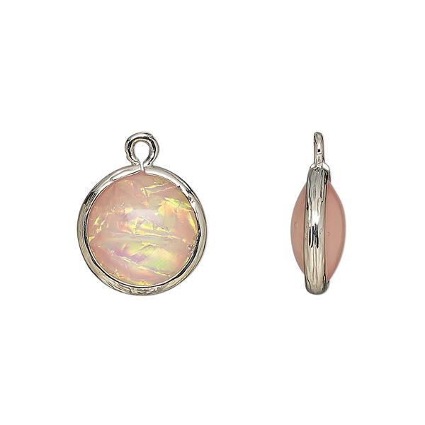 Drop, Opalized Ice™, "opal" (resin) and imitation rhodium-finished brass, opaque light pink, 14mm double-sided round. Sold per pkg of 4. image number 0
