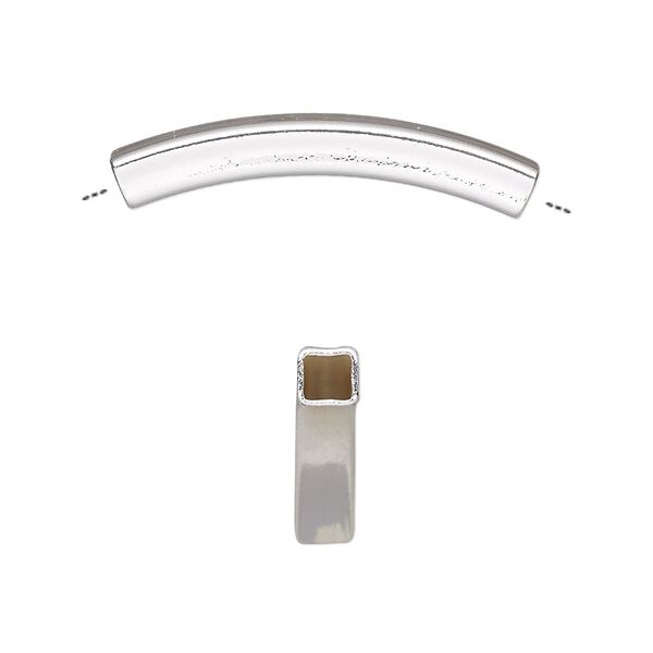 Bead, silver-finished brass, 30x4mm curved square tube. Sold per pkg of 4. image number 0