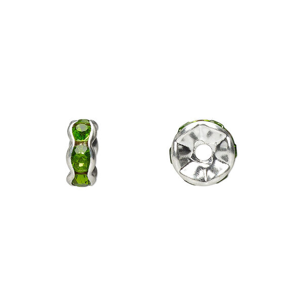 Bead, glass rhinestone and silver-plated brass, peridot green, 8x4mm rondelle. Sold per pkg of 10. image number 0