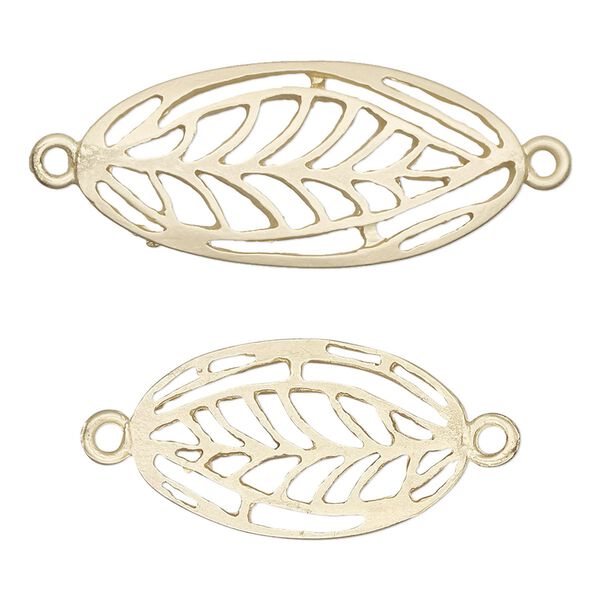 Focal and link, gold-finished "pewter" (zinc-based alloy), 25x15mm and 34x15mm matte oval with cutout leaf design. Sold per pkg of 8. image number 0