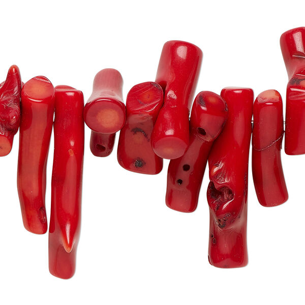 Bead, coral (dyed), red, 25x9mm-40x10mm hand-cut top-drilled stick, Mohs hardness 3-1/2 to 4. Sold per 8-inch strand, approximately 20 beads. image number 0