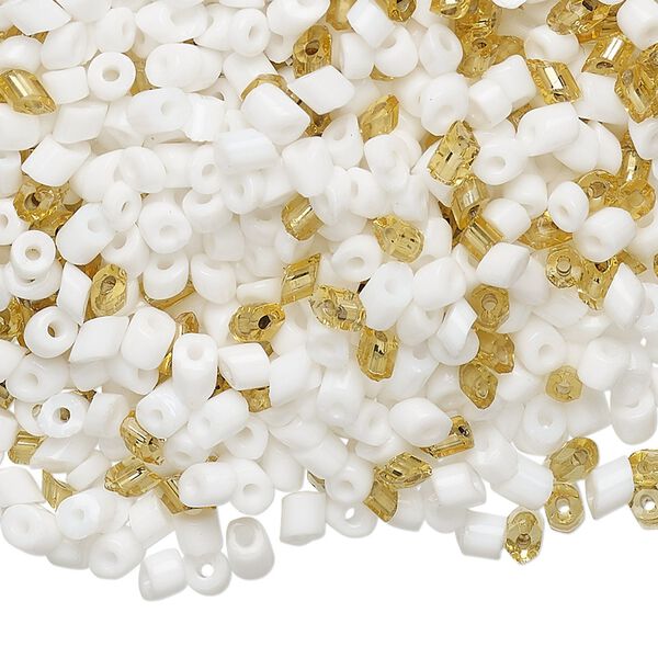 Bead mix, vintage Czech glass, silver-lined translucent gold and opaque white, 2mm-4x3mm parallelogram with 0.6mm hole. Sold per 1.5-ounce pkg, approximately 1,200 to 1,300 beads. image number 0
