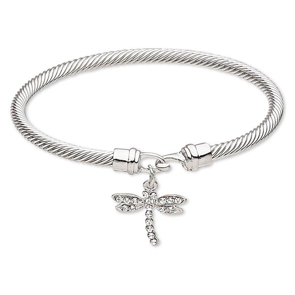 Bracelet, bangle, Czech glass rhinestone with silver-plated brass and "pewter" (zinc-based alloy), clear, 4mm twisted cable with 20x19mm dragonfly, 7-1/2 inches with hook-and-eye clasp. Sold individually. image number 0