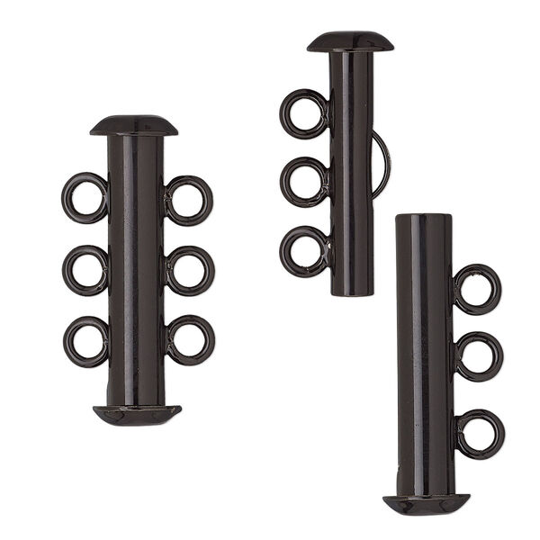 Clasp, 3-strand slide lock, electro-coated brass, black, 21.5x6mm tube. Sold per pkg of 2. image number 0
