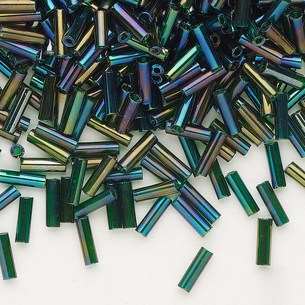 Bead, Preciosa Ornela Czech glass, bugle bead, pkg/50g, 1/4 inch, rainbow translucent dark green, (51620). image number 0