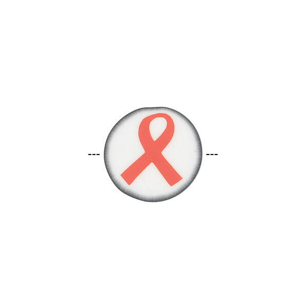 Bead, polymer clay, white / black / red, 14mm double-sided flat round with awareness ribbon. Sold per pkg of 30. image number 0