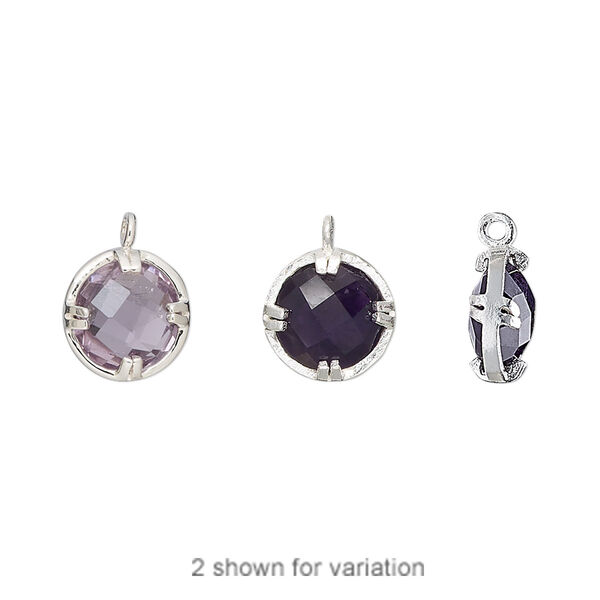 Drop, amethyst (natural) and sterling silver, 10mm double-sided faceted round. Sold individually. image number 0