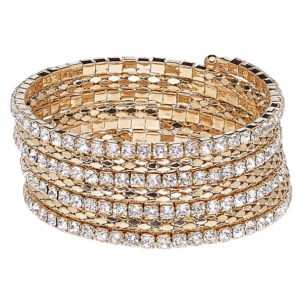 Bracelet, glass rhinestone with steel memory wire and gold-finished steel, clear, 27mm wide with cupchain and rounded diamond, adjustable from 7-1/2 to 8-1/2 inches. Sold individually. image number 0
