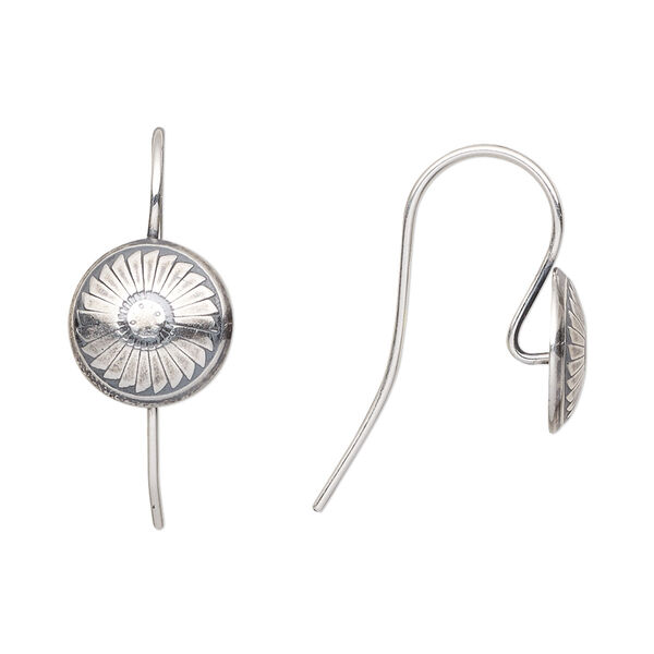 Ear wire, antiqued sterling silver, 20mm fishhook with 10mm radial feather design concho, 21 gauge. Sold per pair. image number 0