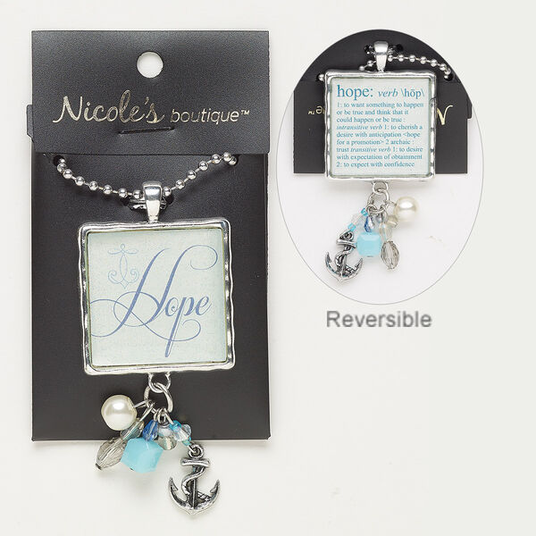 Necklace, glass / acrylic / antique silver-finished "pewter" (zinc-based alloy) / silver-finished steel, light blue / white / clear, 2-3/4 x 1-1/4 inches with two-sided square and  glitter / "Hope" / definition of hope, 24 inches with lobster claw clasp. Sold individually. image number 0