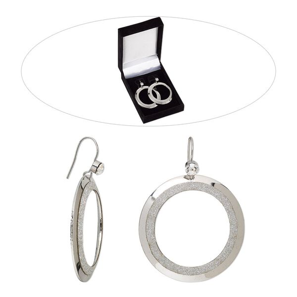 Earring, Czech glass rhinestone with rhodium-finished brass and steel, clear with silver-colored glitter, 2-1/4 inches with two-tone round donut and fishhook ear wire. Sold per pair. image number 0