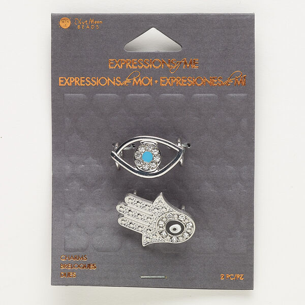 Slide mix, enamel / glass / silver-finished "pewter" (zinc-based alloy) / steel, multicolored, 28x23mm Fatima hand and 26x15mm open evil eye, 10.5x2.5mm hole. Sold per pkg of 2. image number 0