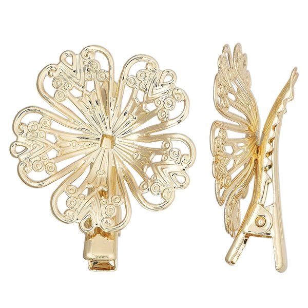 Brooch and hair clip, gold-finished brass and steel, 32mm flower. Sold individually. image number 0