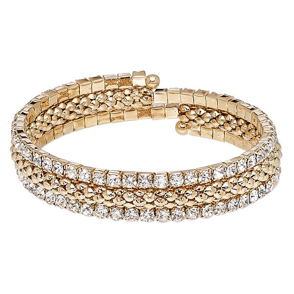 Bracelet, glass rhinestone with steel memory wire and gold-finished steel, clear, 13mm wide with cupchain and rounded diamond, adjustable from 7-1/2 to 8-1/2 inches. Sold individually. image number 0