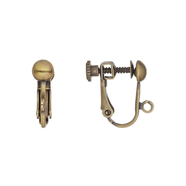 Earring clip-on 1pkg10 antique gold-plated, 15mm hinged screwback / 5mm half-ball / open loop, brass 5 pair image number 0